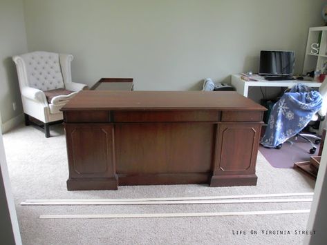 Office desk before new trim and paint Dark Desk, Dark Wood Desk, Desk Redo, Wood Office Desk, Life On Virginia Street, Greige Paint, Old Office, Mahogany Desk, Work Office Decor