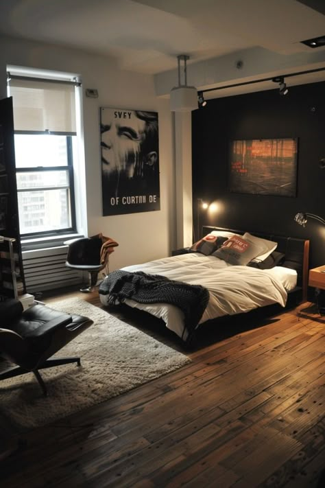 Small Bedroom Ideas For Men Layout Men’s One Bedroom Apartment, Room Aesthetic Men, Men’s Room Aesthetic, Small Bedroom Ideas For Men Layout, Room Inspo Boys, Interior Design Men’s Room, Mens Room Aesthetic, Aesthetic Boys Room, Men’s Apartment