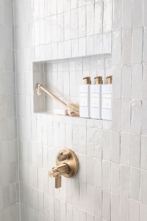 Soap Shelf Bathroom, Shower Niche Above Valve, In Built Shower Shelf, Build In Shower Shelves, Build In Shelf Bathroom, Soap Niche Ideas, Wall Tile In Bathroom Ideas, His And Her Shower Niche, Master Shower Shelf Ideas