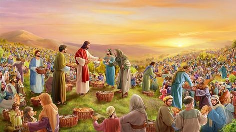 In the story of 5 Loaves and 2 Fish, the miracle of feeding 5,000 people performed by Jesus reveals God's authority and power as well as His thoughts, and His Feeding Of The 5000, Jesus Feeds 5000, Corpus Domini, Miracles Of Jesus, Bible Study Topics, Bible Images, Bible Pictures, Pictures Of Jesus Christ, Biblical Art