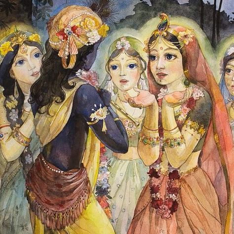 Radha and Krishna with gopis in Vrindavana. (Painted by Pushpanjali devi dasi.) Radhe Krishna Wallpapers, Radha Krishna Songs, Krishna Drawing, Radha Krishna Wallpaper, Hinduism Art, Vedic Art, Shri Krishna, Krishna Radha Painting, Radha Krishna Images