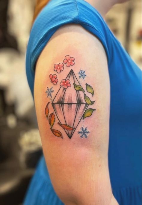 Sims Inspired Tattoo, Sims Tattoo Ideas Real, Sims Plumbob Tattoo, Sims Tattoo Ideas, Plumbob Tattoo, Four Seasons Tattoo, Seasons Tattoo, Sims Tattoo, Sims Plumbob