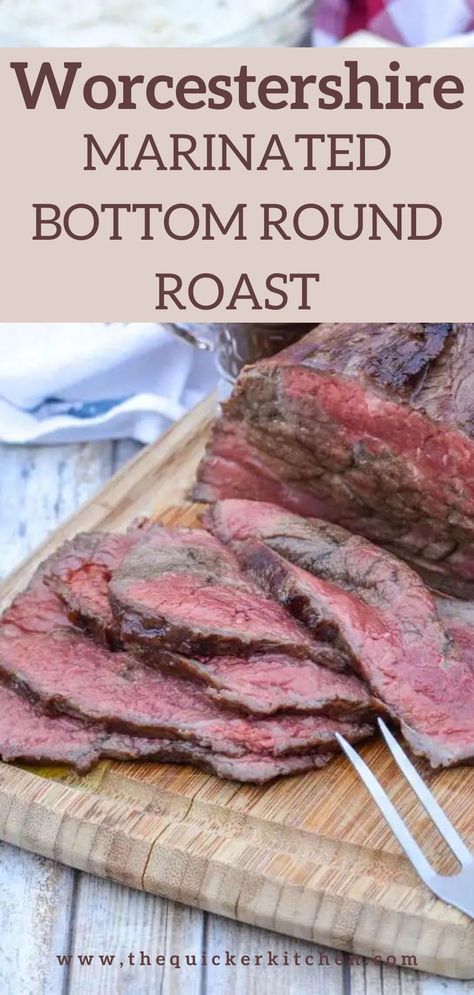 Worcestershire marinated bottom round roast is a tender, flavor packed roast beef recipe. Marinating the beef for a longer period of time gives you a fall apart roast that makes a lovely centerpiece for a traditional Sunday dinner. Save this recipe for later! Recipes For Top Round Roast, Beef Bottom Roast Recipes, Braised Bottom Round Roast, Beef Bottom Round Recipes, Bottom Roast Recipes, Top Round Roast Crock Pot, Whole Eye Of Round Roast Recipes, Smoked Beef Recipes, Types Of Beef Roasts