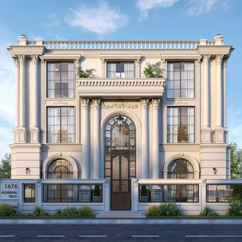 Classical Showroom Elevation, Roman Elevation Design, Neo Classic Mansion, Classical Building Elevation, Hotel Entrance Design Exterior, Classical House Elevation, Modern Classic Building, Classic Facade Design, Modern Classic Exterior