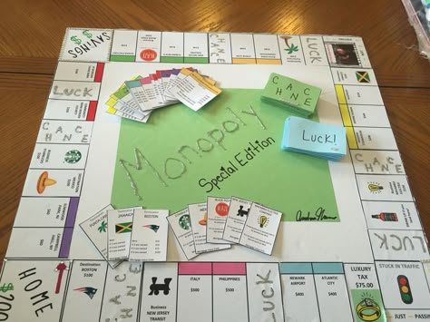 Home Made Monopoly, Homemade Monopoly Board, Diy Monopoly Board Ideas, Diy Monopoly Board, Homemade Monopoly, Custom Monopoly Board, Monopoly Crafts, Space Crafts Preschool, Make Your Own Monopoly