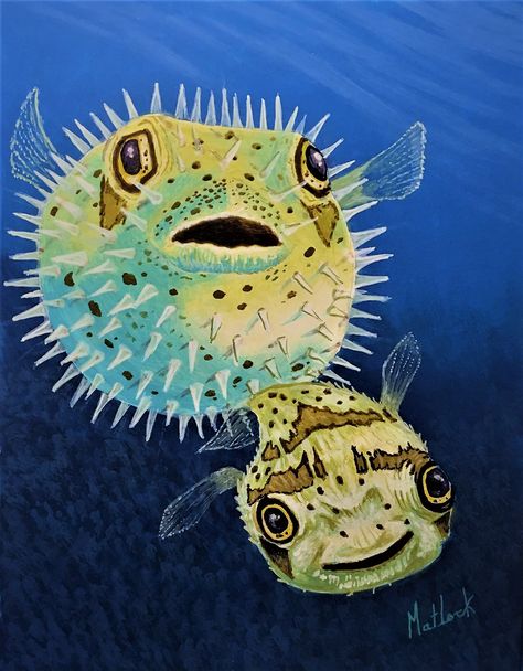 Puffer Fish Painting, Pufferfish Painting, Pufferfish Drawing, Pufferfish Art, Puffer Fish Drawing, Puffer Fish Art, Fish Reference, Sea Life Painting, Sea Creatures Art