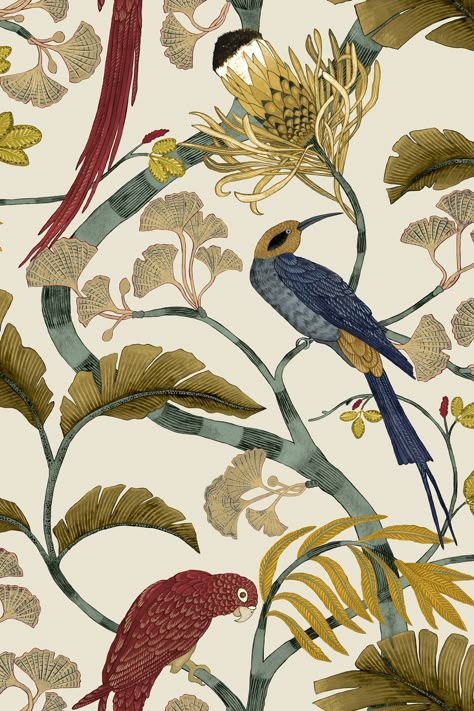 WALLPAPER WEDNESDAY A recent bespoke colourway. A really lovely project to work on and I am looking forward to see it up in the space. Hand Painted Wallpaper Patterns, Equestrian Library, Chintz Flower, Branches Wallpaper, Hand Painted Tree, Ginkgo Leaves, Hand Painted Wallpaper, Vintage Florals, Wallpaper Red