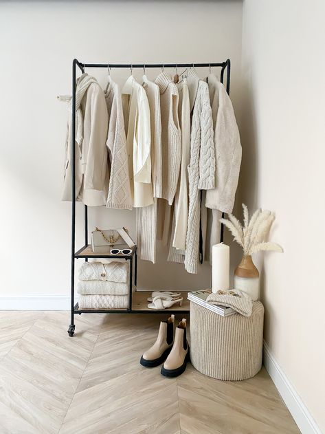 Simple Clothing Rack, Rail For Clothes, Garment Rack Bedroom Aesthetic, Bedroom With Clothing Rack, Clothing Rack In Bedroom, Garment Rack Bedroom, Clothing Rack Aesthetic, Clothes Rack Bedroom, Light Gray Bedroom