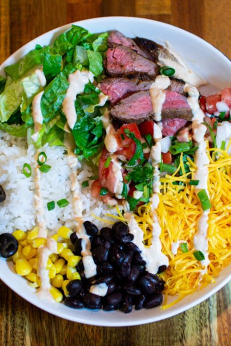 Marinated steak and your favorite burrito fillings create a hearty, filling, full-of-flavor meal. Steak Burrito Bowl, Steak Burrito, Bowl Meals, Low Carb Foods, Green Salsa, Marinated Steak, Adobo Sauce, Carb Foods, Burrito Bowl