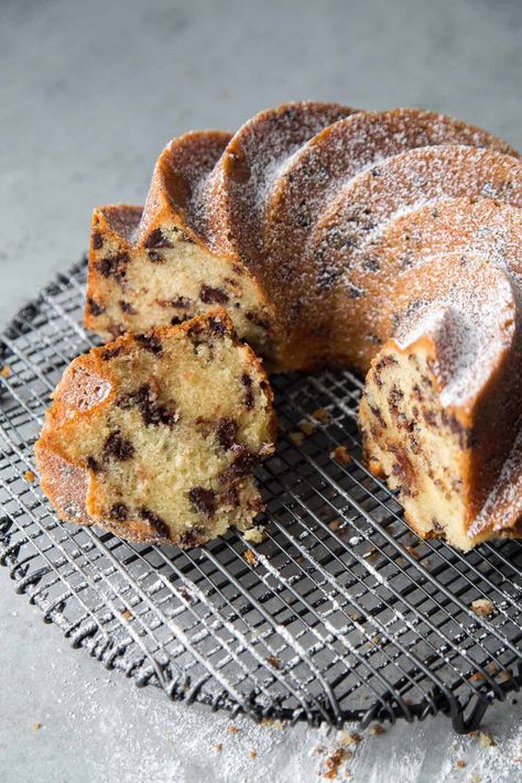 Choc Chip Bundt Cake Recipes, Chocolate Chip Cookie Bundt Cake, Moist Chocolate Chip Cake, Bundt Cake Ideas, Chocolate Chocolate Chip Cake, Coffee Bundt Cake, Chocolate Chip Bundt Cake Recipe, Pastry Photography, Chocolate Chip Bundt