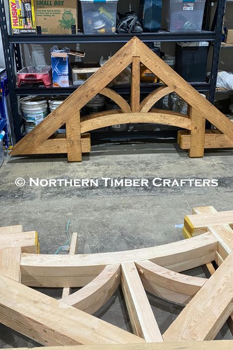 Timber Frame Entryway Front Porches, Exterior Truss Design, Hammer Beam Truss, Timber Frame Trusses, Timber Frame Front Entry, How To Build A Portico, Decorative Trusses Exterior, Timber Truss Design, Timber Framed Porch