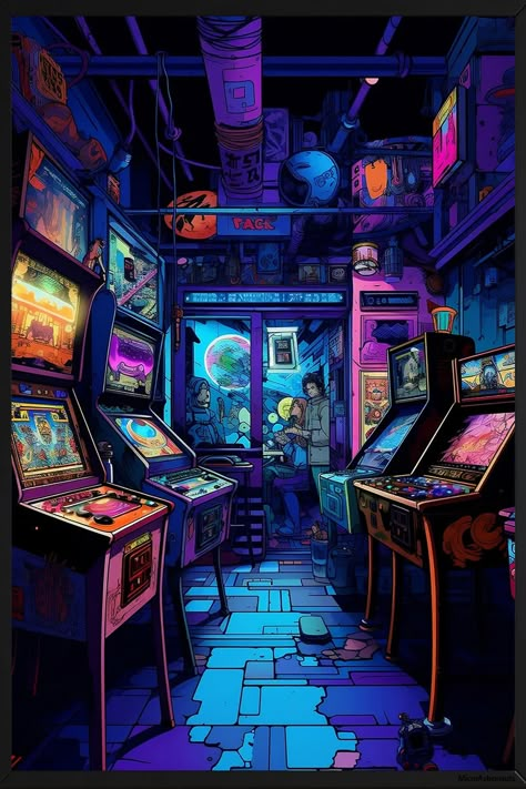 Cyberpunk Retro Arcade Print Cyber Punk Wall Art Arcade Room - Etsy Greece Arcade Aesthetic Drawing, Gaming Art Aesthetic, Retro Arcade Wallpaper, Cyberpunk Room Concept Art, Arcade Aesthetic Wallpaper, Cyberpunk Arcade, Retro Cyberpunk Aesthetic, Retro Arcade Aesthetic, Cyberpunk Market