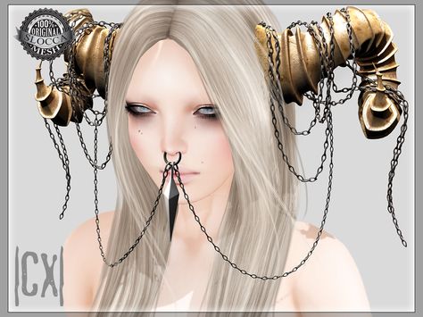 |CX| Hundred Chains Horns  *Original Unisex Mesh Accessory     *Comes in 3 different versions for each color:  Plain Horns  Chained Horns  Chained Horns + Septum     *Comes in different colors Horn Accessories Drawing, Horn Jewelry Tiefling, Tiefling Horn Jewelry, Horns With Jewelry, Horns Accessories, Horn Accessories, Fantasy Oc, Demon Costume, Horns Decor