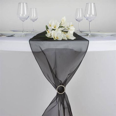 14" x 108" Organza Table Runner - Black | eFavorMart Organza Table Runner, Gold Table Runners, Black And White Party, Black Tablecloth, Romantic Wedding Receptions, Burlap Table, Lace Table Runners, Party Catering, Wedding Place Settings