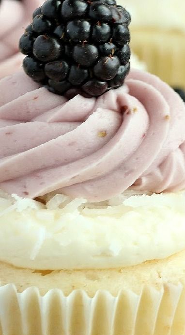 Coconut Blackberry Cupcakes Blackberry Coconut Cupcakes, Cupcakes Without Eggs, Coconut Cream Filling, Gourmet Cupcake Recipes, Blackberry Buttercream, Milkshake Cupcakes, Blackberry Cupcakes, Gourmet Cupcake, Patty Cakes