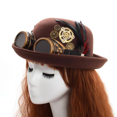 Hat With Goggles, Moda Steampunk, Brown Fedora, Mode Steampunk, Steampunk Couture, Steampunk Top Hat, Black Top Hat, Steampunk Hat, Vintage Steampunk