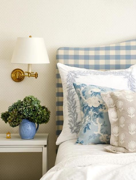 Gingham Headboard, Katie Rosenfeld, Beige Headboard, Blue Headboard, Headboard With Lights, Guest Room Office, Beige And Blue, Cottage Bedroom, Beacon Hill