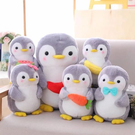 These adorable baby penguin plushies come in a variety of colors and sizes to meet every little's needs! Made of quality soft stuffing, you'll love snuggling and cuddling this precious cutie! Choose from traditional penguins, or penguins holding various fruits and vegetables! Available in a large or small size - 25cm o Favorite Stuffies, Café Kitchen, Plush Penguin, Penguin Plush, Kawaii Penguin, Nursing Homes, Baby Penguins, Kawaii Plushies, Cute Fruit