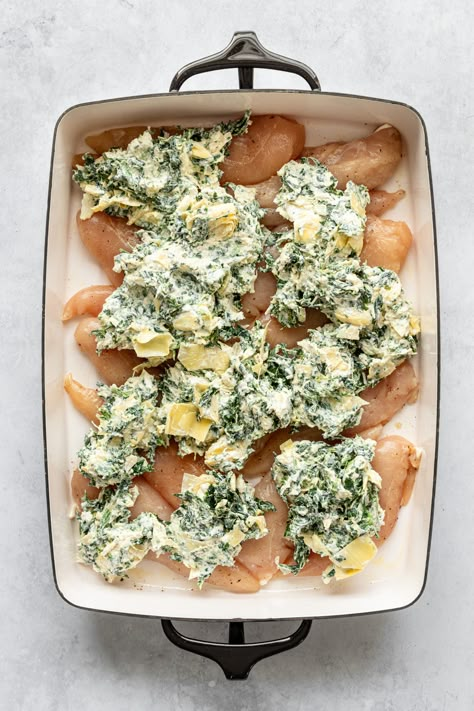 Artichoke Bake, Recipe Greek Yogurt, Spinach Artichoke Recipes, Chicken Spinach Bake, Chicken Spinach Artichoke, Creamy Chicken Spinach, Greek Yogurt Cream Cheese, Canned Artichoke, Yogurt Cream Cheese