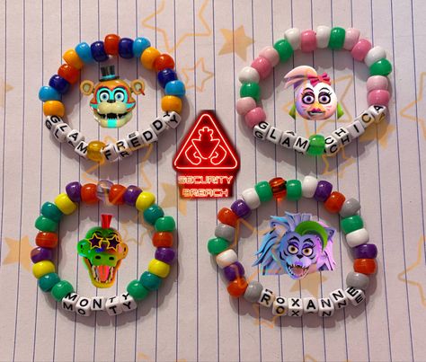 Glam rock animatronics kandi singles Security Breach Outfit Ideas, Security Breach Bracelets, Fnaf Bead Bracelets, Fnaf Security Breach Monty, Fnaf Friendship Bracelet, Chica Security Breach, Monty X Chica, Fnaf Kandi Bracelet, Fnaf Jewelry