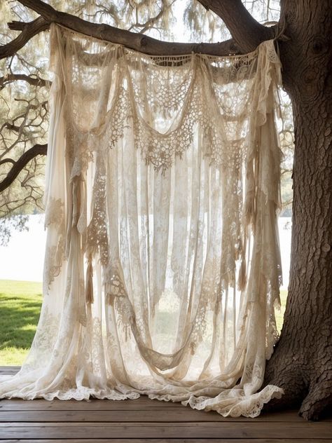 Organic Modern Living Room Decor Tips | Small Living Roo Wall Drapes Bedroom, Boho Antique Decor, Whimsical Home Interior, Cozy Witchy Bedroom, Shabby Chic Lace Curtains, Victorian Decorating Ideas, Vintage Boutique Interior, Victorian Core, Victorian Wedding Decor