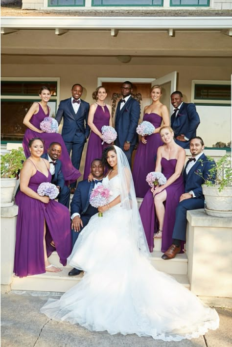 Navy Blue and Wine Purple Wedding   Bride - RK Bridal Bridesmaids - Azazie Groomsmen - Generation Tux Groom - Custom Local Tailor Royal Blue And Purple Bridal Party, Purple Bridesmaids Blue Groomsmen, Purple Bridesmaid And Groomsmen, Navy Blue And Plum Wedding Theme, Navy Blue Purple And Silver Wedding, Navy Blue Purple And Gold Wedding, Navy Blue Tux With Purple Dress, Purple Navy And Gold Wedding, Purple Color Wedding Theme