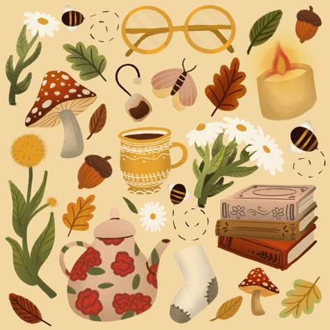 Cozy cottagecore elements, with autumn/fall vibes. Fall Cottagecore Aesthetic Wallpaper, Autumn Elements Illustration, Kawaii Fall Aesthetic, Autumn Aesthetic Illustration, Cute Cottagecore Art, Fall Aesthetic Stickers, Autumn Aesthetic Drawing, Cottagecore Art Wallpaper, Autumn Stickers Aesthetic