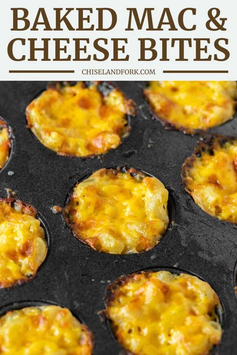 If you love macaroni and cheese, but want something in bite-sized form for a delicious appetizer, these baked mac and cheese bites are for you. #bakedmacandcheesebites #macandcheesebites #macandcheese | chiselandfork.com Baked Mac And Cheese Bites, Appitizer Ideas, Raclette Recipes Dinners, Macaroni Cheese Bites, Cozy Christmas Party, Glam Christmas Party, Mini Muffin Tin Recipes, Mac N Cheese Bites, Friendsgiving Recipes