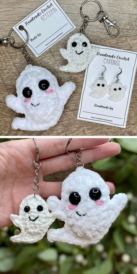 Ghost Earrings Crochet, Fall Crochet Keychain Pattern, Crochet Ghost Earrings Free Pattern, Crochet Ghost Keychain Free Pattern, Halloween Keychains Crochet, Crochet Halloween Earrings Free Pattern, Small Crochet Ghost Pattern Free, Crochet Ghost Earrings, Free Crochet Patterns For Craft Fairs