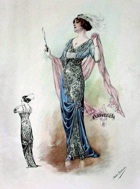 evening ensemble w/ necklace 1913 Fashion, 1914 Fashion, 10s Fashion, Fashion 1910, Belle Epoch, 1910s Fashion, Parisienne Chic, Fashion Illustration Vintage, 20th Century Fashion