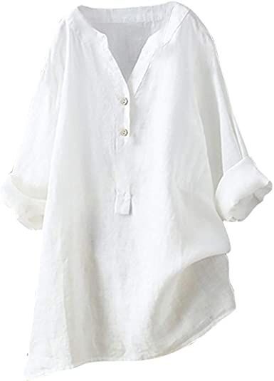 SNKSDGM Linen Shirts for Women Summer Short Sleeve Button Up Henley T Shirts V Neck Plus Size Oversized T-Shirt Tee Blouses Linen Tops Women Blouses, Womens Tops Dressy, Casual Tunics, Casual Long Sleeve Shirts, Elegante Casual, Oversized Blouse, Loose Shirts, Loose Blouse, Tunic Shirt