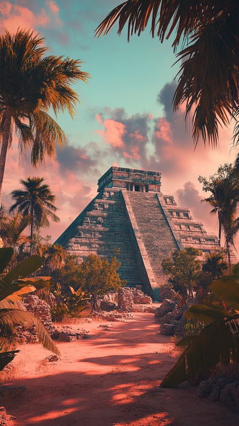 Chichén Itzá’s iconic pyramid towering against a clear blue sky. Mayan Culture Aesthetic, Mexico Pyramids, Pyramid Mexico, Aztec Pyramids, Uxmal Mexico Mayan Ruins, Mexico Hotels, Travel Wallpaper, Ancient Mayan, San Jose Del Cabo