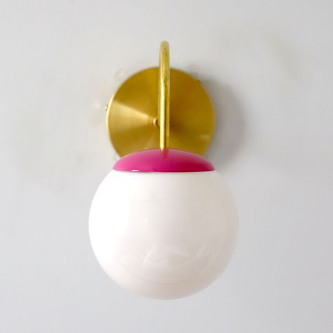 Mid Century modern pink and brass wall sconce with white glass globe. Perfect for bathrooms, bedrooms, kids bedrooms, and more. Sunroom Remodel, Sazerac, Girls Bathroom, Sputnik Chandelier, Glass Replacement, Pink Room, Wall Plate, Table Lamp Lighting, Ceiling Fixtures