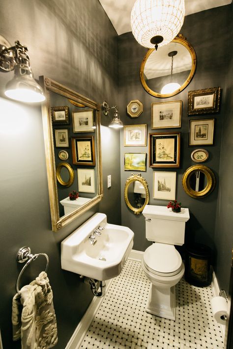 bathroom — Tiffany Skilling Interiors Pub Bathroom Design, Ladies Toilet Ideas, Dark Academia Half Bathroom, Art Deco Half Bathroom, Art Deco Toilet Room, Goblin Core Bathroom, Cool Restaurant Bathrooms, Pub Bathroom Ideas, Dark Academia Powder Room