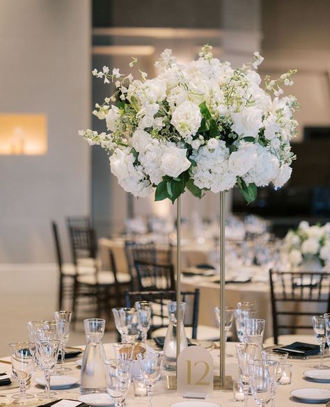 ✨ Elevate your wedding aesthetic with our stunning tall white floral arrangements! 🌸 Perfect for adding a touch of elegance and sophistication to your special day, these blooms create a breathtaking atmosphere that your guests will remember forever. Want to make your dream wedding come true? DM us to see how we can bring your vision to life! 💍⁠ ⁠ ⁠ Venue @palmeventcenter⁠ Photographer @apollofotografie⁠ Linens and Rentals @pleasantonrentals⁠ ⁠ #blackandwhitewedding #whiteflowers #weddingday #... White Flower Wedding Centerpieces, Gossip Girl Wedding, White Wedding Flowers Centerpieces, White Wedding Centerpieces, White Floral Centerpieces, White Floral Arrangements, Elegant Wedding Centerpiece, White Centerpiece, Hydrangea Bouquet