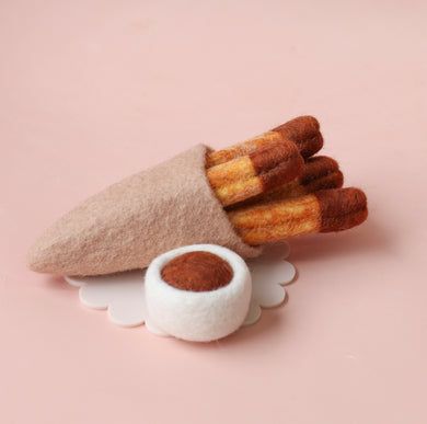 Chocolate Churros, Chocolate Dipping Sauce, Felt Kids, Cinnamon Donuts, Heirloom Toys, Felt Play Food, Food Patterns, Toy Food, Felt Pattern