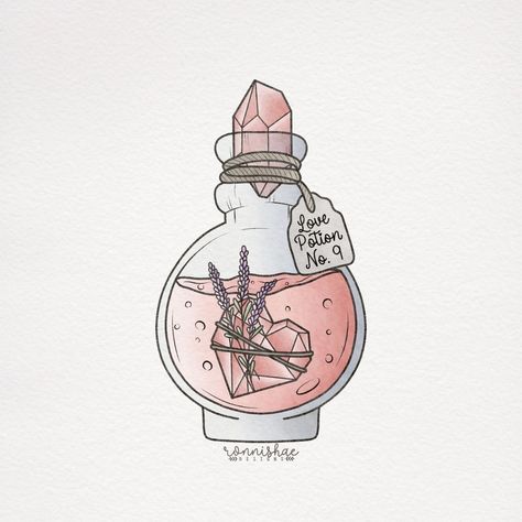 Potion Digital Art, Love Potion No 9 Tattoo, Magic Potion Art, Love Potion Tattoo Bottle, Self Love Potion Tattoo, Love Potion Illustration, Magic Potion Drawing, Potion Tattoo Design, Potion Bottles Tattoo