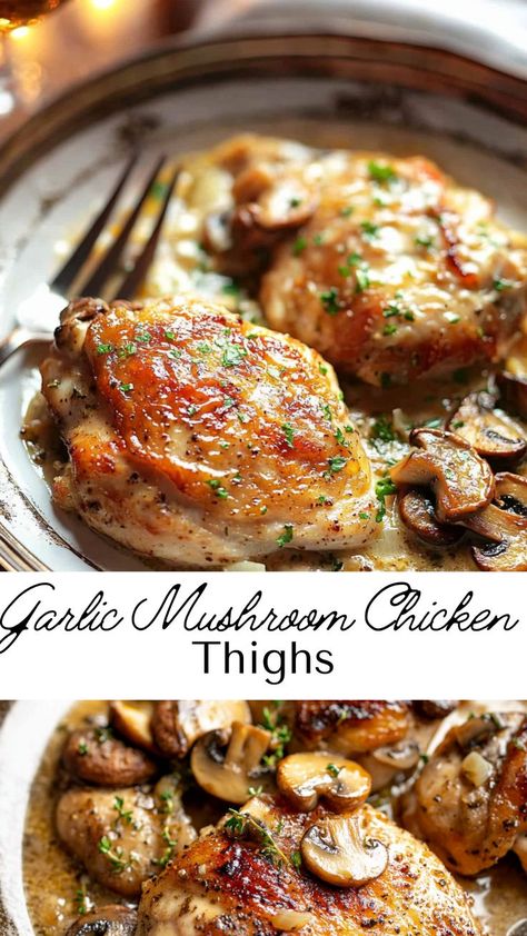 Bring warmth to your winter dinner recipes with these Creamy Garlic Mushroom Chicken Thighs. Packed with savory flavors, this dish is an excellent choice for Friendsgiving food ideas or winter meals dinners, sure to satisfy everyone at the table. Bone In Chicken Thigh Recipes With Mushrooms, Slow Cooker Recipes For Boneless Skinless Chicken Thighs, Yummy Chicken Thigh Recipes, Healthy Crockpot Chicken Thighs, Winter Chicken Dishes, Chicken Thigh Mushroom Recipes, Chicken Thigh Meal Ideas, Chicken Thigh Dutch Oven Recipes, Bone In Chicken Thighs Recipes Oven