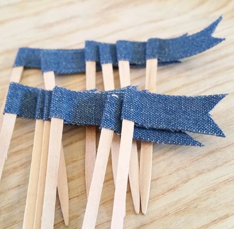 Denim Cupcake Topper Cupcake Pennant Flag Wooden by ThePartyApple Denim Themed Party, Blue Jean Wedding, Denim Baby Shower, Diamond Theme, Denim And Pearls, Jeans Wedding, Denim Wedding, Denim Party, Diamond Party