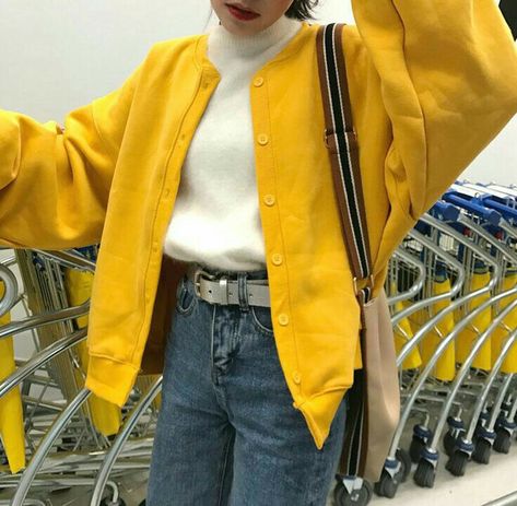 Yellow Jacket Outfit, Yellow Clothes, Yellow Coat, K Fashion, Yellow Outfit, Yellow Jacket, Jacket Outfit, Korean Fashion Trends, Drop Shoulder Sweaters