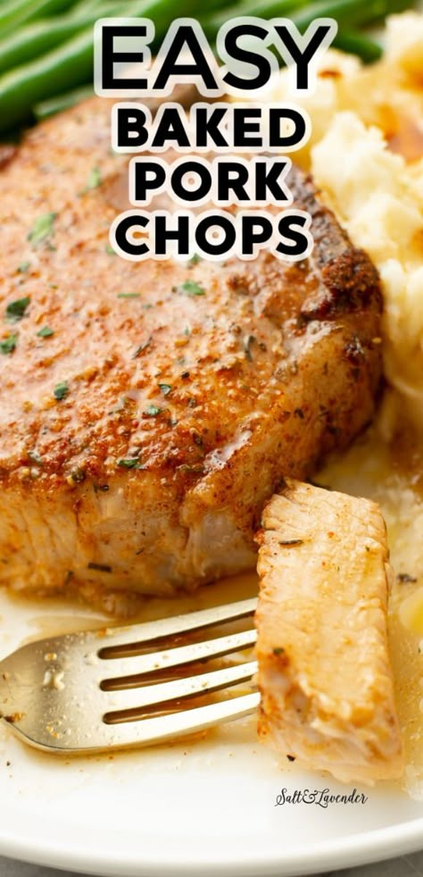 Make weeknights a little easier with this tender baked pork chops recipe! The seasoning rub is spectacular and made with pantry ingredients. Baked Porked Chops, Oven Baked Pork Loin Chops Boneless, Baking Boneless Pork Chops, Loin Pork Chops Recipes, Pork Loin Boneless Chops, Bone In Porkchops, Easy Pork Chops In The Oven, Easy Baked Bone In Pork Chops, Baked Pork Steaks