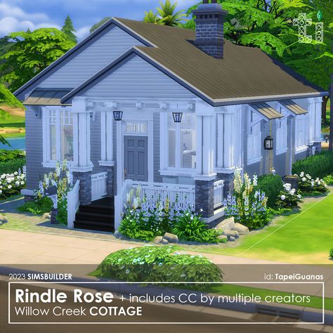 Rindle Rose - One Story House 🍒 Base city of Willow Creek. Plot size: 20x15. Includes CC. Download link in biо. 🍒My ID in the game: TapeiGuanas #thesims4 #ts4 #ts4cc #ts4mm #ts4lots #ts4interiors #ts4build #sims4 #sims4interior #sims4build #sims4lot Sims 4 House Download Cc Included, One Story House, Willow Creek, One Story Homes, Sims 4 Build, First Story, Sims 4 Houses, Ts4 Cc, Sims House