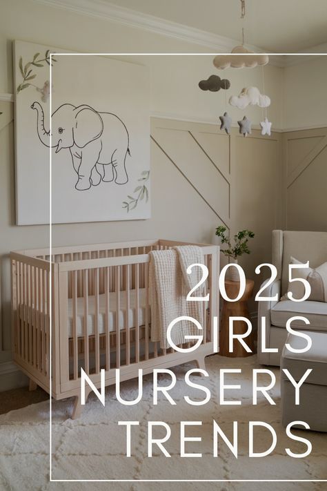 A 2025 nursery design featuring a natural wood crib, a minimalist elephant wall art, soft beige tones, a cozy armchair, and a cloud mobile for a chic and tranquil space. Simple Neutral Nursery Ideas, Setting Up Nursery, Nordic Nursery Inspiration, Half Nursery Half Bedroom, Mid Century Nursery Neutral, No Theme Nursery, Modern Baby Nursery Girl, Nestig Crib Nursery, Winnie The Pooh Baby Room Nursery Design