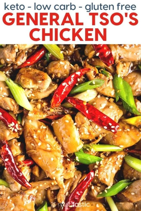 Keto Low Carb General Tso's Chicken Recipe that tastes delicious and is low in net carbs! | www.noshtastic.com | #noshtastic #glutenfree #lowcarb #keto #ketodiet #ketogenic #ketorecipes #ketogenicdiet #lowcarbrecipe #recipe #tsos #chinese #takeout #copycat #chicken Recipe Chicken Thighs, Keto Chinese Food, General Tso's Chicken Recipe, General Tso's Chicken, Tso Chicken, General Tso Chicken, Boiled Egg Diet Plan, Low Carb Dinner Recipes, Recipe Chicken