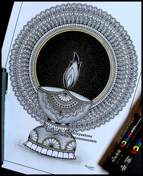 Diwali Mandala Art Drawing Easy, Diwali Drawing Sketch, Mandala Art For Diwali, Diya Mandala Art, Diwali Doodle, Diwali Mandala Art, White Mandala Art, Diwali Mandala, Diya Drawing