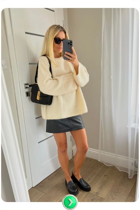 Oversized sweater with mini skirt creates a playful November outfit. Casual yet stylish, blending cozy and chic for a fun, balanced fall look. Knit Mini Skirt Outfit, November Outfits, Outfit Ideas 2024, Casual Outfit Ideas, White Knit Sweater, Miniskirt Outfits, Cashmere Blend Sweater, Brown Sweater, Outfit Casual