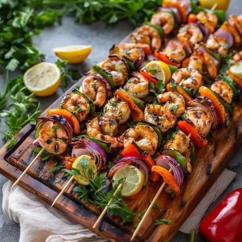 The smell of grilled kabobs on a warm summer evening is amazing. These chicken and shrimp kabobs are perfect for that feeling. They combine the smoky flavors What To Serve With Shish Kabobs, Chicken And Shrimp Kabobs, Kabob Marinade Recipes, Grilled Kabobs, Shrimp Kabob Recipes, Kabob Marinade, Sausage Kabobs, Graduation Bbq, Shrimp Kabobs