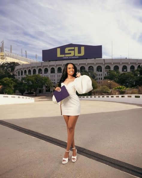 Baton Rouge Photographer on Instagram: "Let’s just say, @allisonalanaa killed it! And so did the weather that day🎓  Probably one of our favorite LSU graduate sessions to date.   Books are open and dates are available! Visit our site at superiorshotsphotography.com to view our portfolio and to book a session📸  #batonrougephotographer #lsugrad #lsu #louisianaphotographer #grad" Lsu Graduation Pictures, Masters Photoshoot, Lsu Graduation, Nursing Graduation Pictures, College Graduation Pictures Poses, Grad Shoot, Grad Pictures, College Graduation Photos, Grad Pic