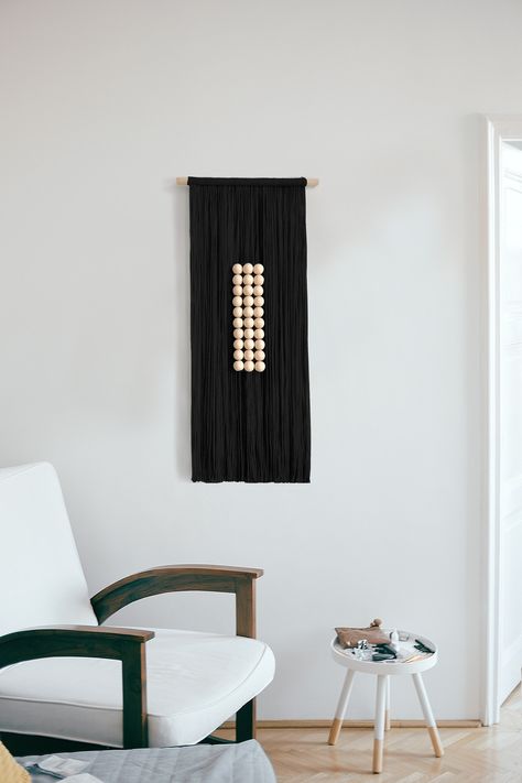 Black Macrame Wall Hanging, Wooden House Decoration, Hanging Room Divider, Macrame Headboard, Hanging Room Dividers, White Wall Hanging, Yarn Wall, Textile Wall Art, Yarn Wall Hanging