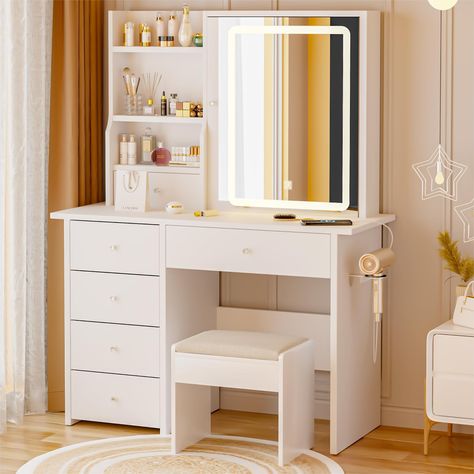 PRICES MAY VARY. 👑 CHIC VANITY DESK: Embrace elegance and efficiency with our versatile vanity desk, seamlessly blending vanity and jewelry armoire for optimal organization of cosmetics and accessories, offering ample storage with 6 drawers, hidden storage cabinets behind the mirror, and plenty of shelves for cosmetics and jewelry. 📱 VANITY WITH CHARGING STATION: This vanity table is equipped with a hair dryer rack, power outlet, 2 standard plug sockets, and 2 USB ports so you can easily use t Makeup Vanity With Shelves, Vanity Desk Combo, Desk/vanity Combo, Vanity Ideas Bedroom Small, Small Vanity Ideas, Vanity Storage Ideas, Bedroom Makeup Desk, Vanity Table Ideas, White Vanity Table